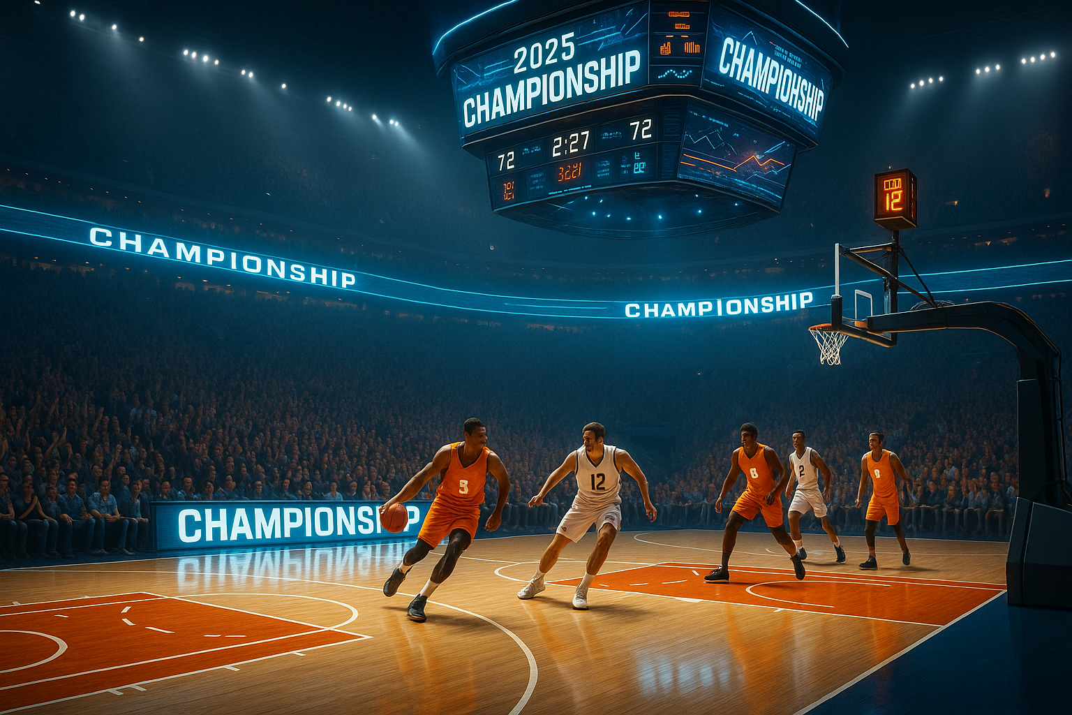 Professional basketball players in action during 2025 championship game with modern arena technology and cheering crowd